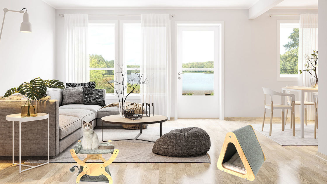 ΕΞΑΕΡΩΤΗΡΩΝ ξύλινο γατών φιλικό κρεβάτι σπιτιών γατών επίπλων πτυσσόμενο για το αισθητό γρατσούνισμα σπηλιών