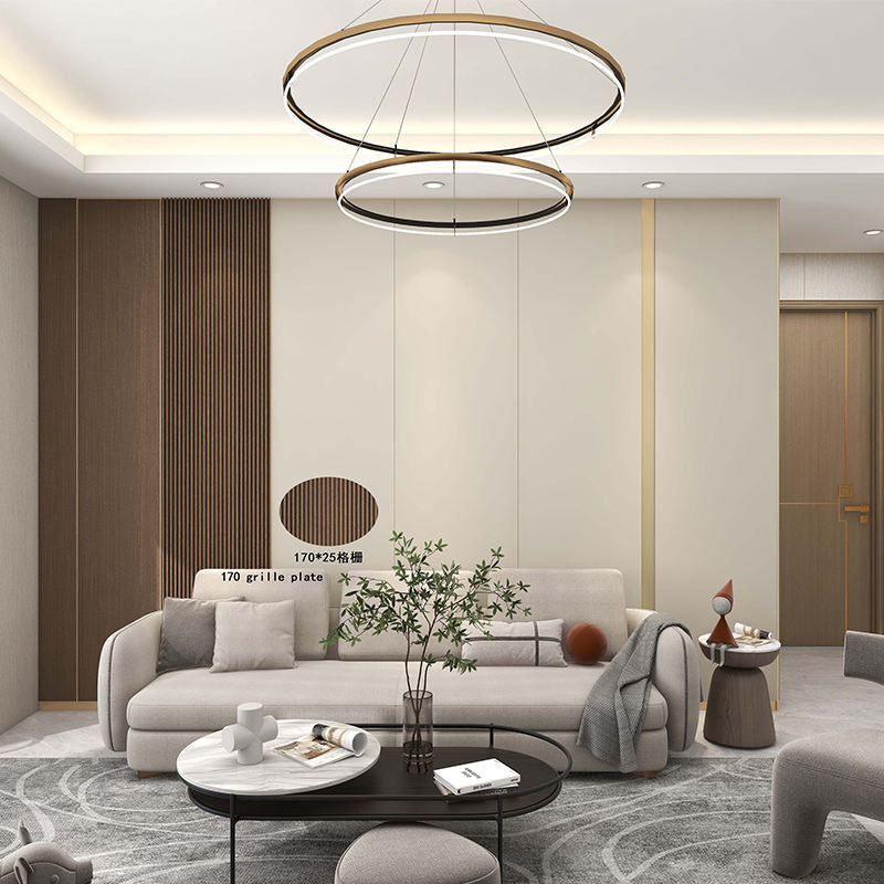 Διακοσμητικές τοιχογραφίες οροφή Λουβέρ Wpc Φλουτιζόμενα πάνελ Slat Wood Pvc Wpc τοιχογραφίες εσωτερικό με Led